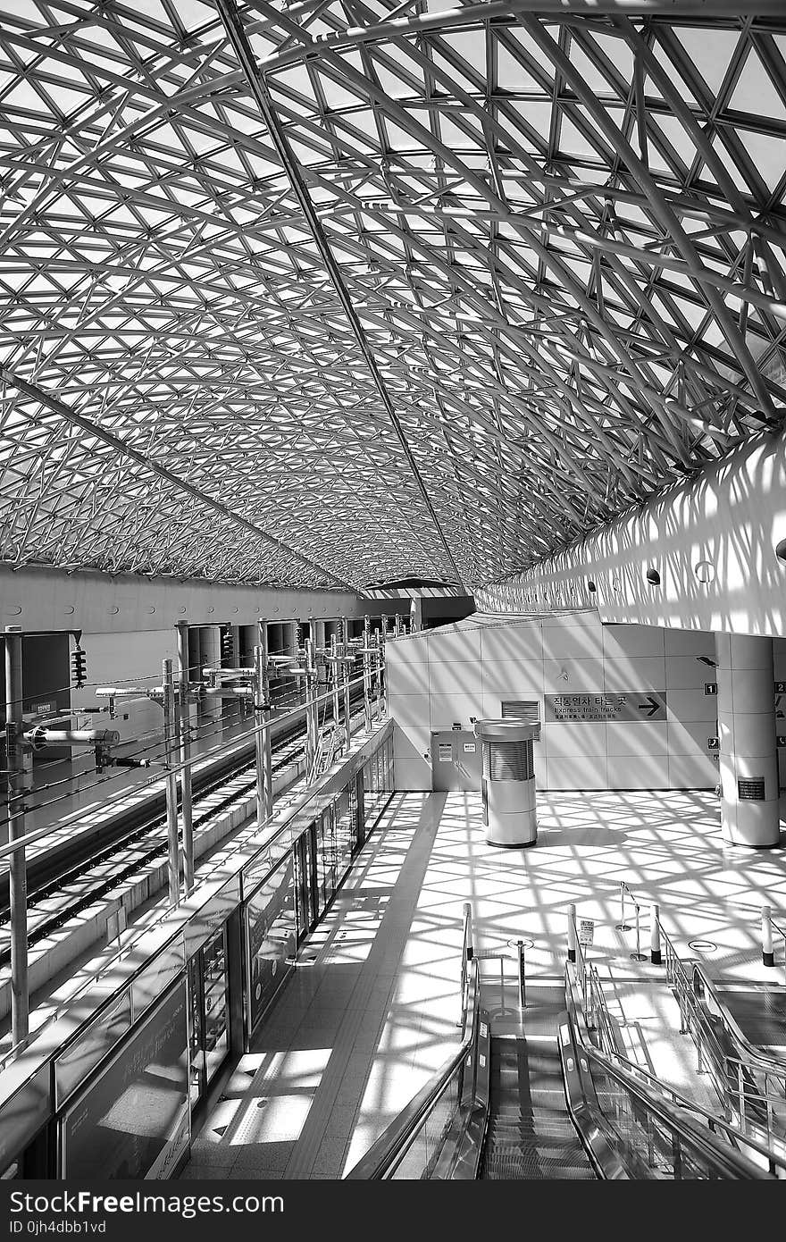 Grey Steel Frame Building Ceiling in Black and White Photograph during Daytime