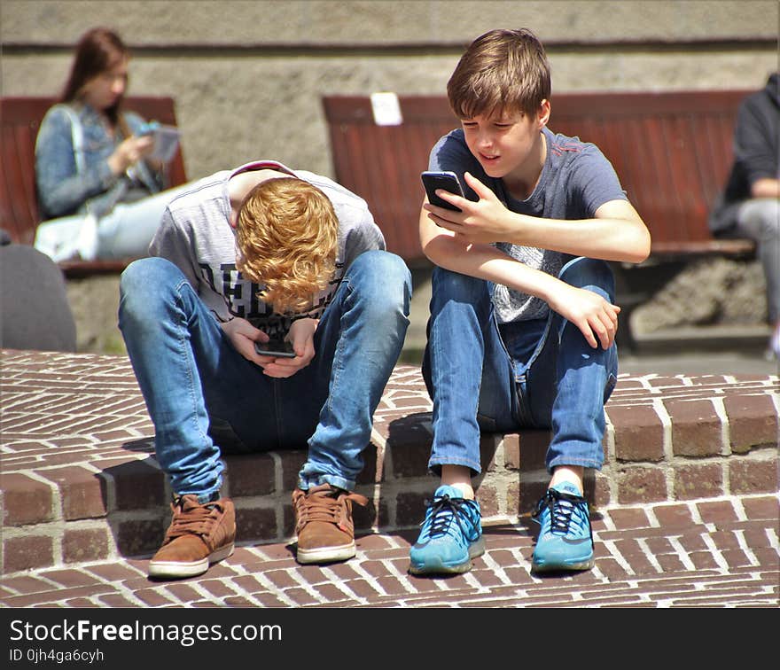 2 Boy Sitting on Brown Floor While Using Their Smartphone Near Woman Siiting on Bench Using Smartphone during Daytime