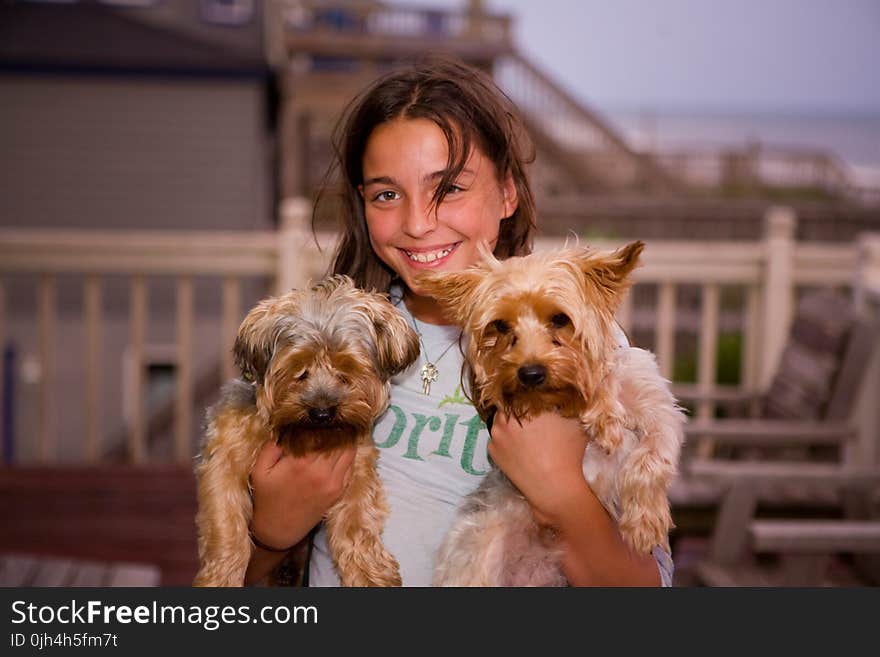 Girl Holding 2 Long Coat Small Dogs Smiling