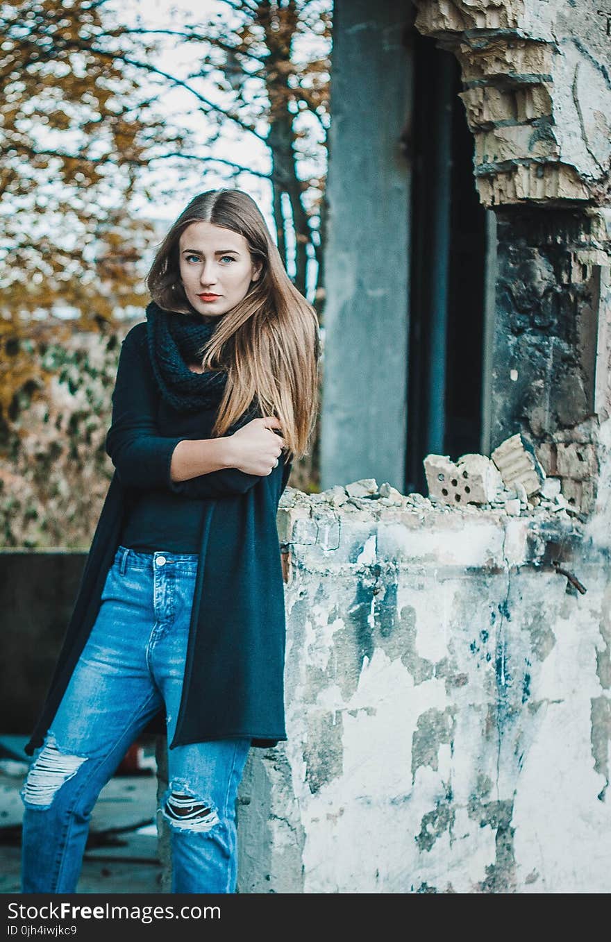 Woman in Black Scarf Cardigan and Shirt