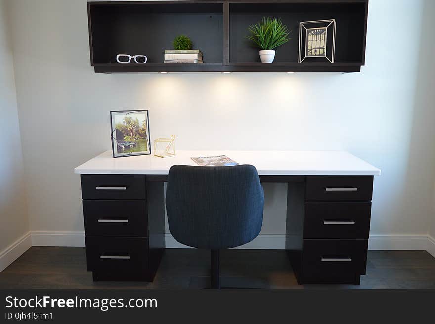 White and Black Wooden Pedestal Desk