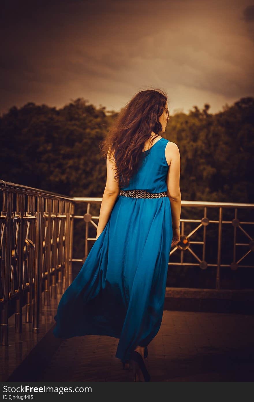 Woman Facing Away Wearing Blue Tank Long Dress Looking Out to Trees