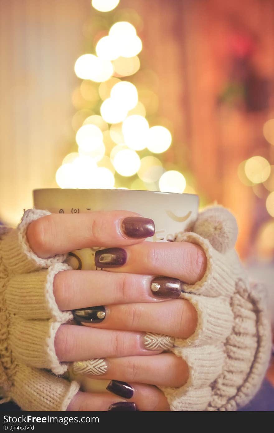 Person Holding a Mug Infront of a Lighted Christmas Tree