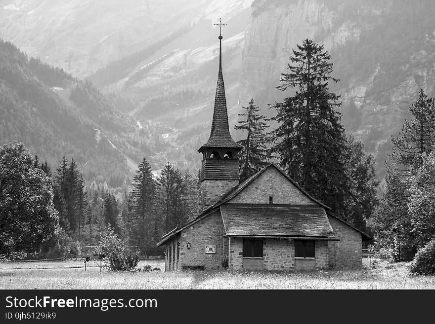 Church in the Open Field Near the Mountain