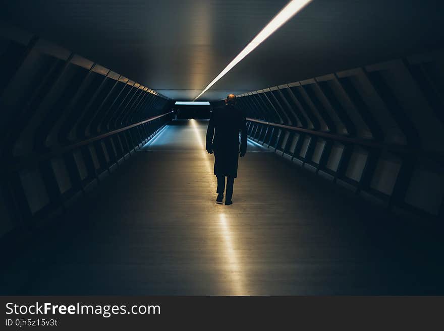 Man on Escalator in Illuminated Room