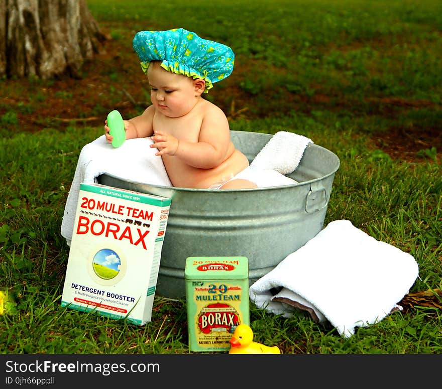 Shirtless Baby Boy in Galvanized Tub