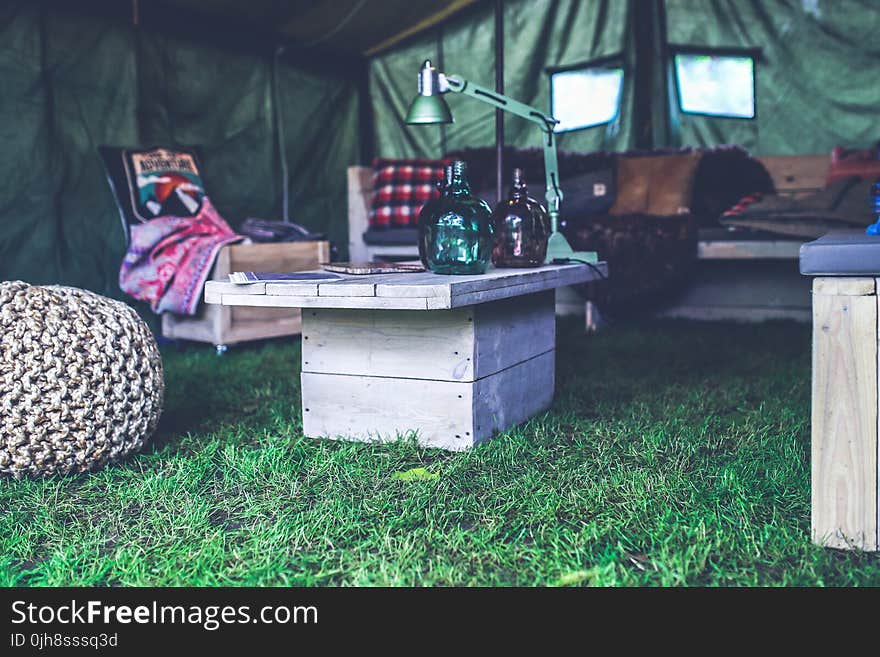 Interior of military tent / wooden table