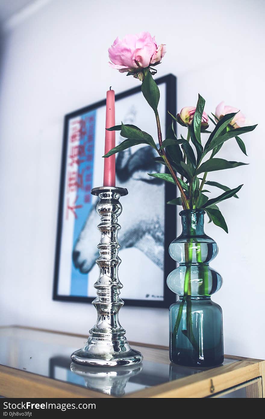 Silver candlestick & pink peonies
