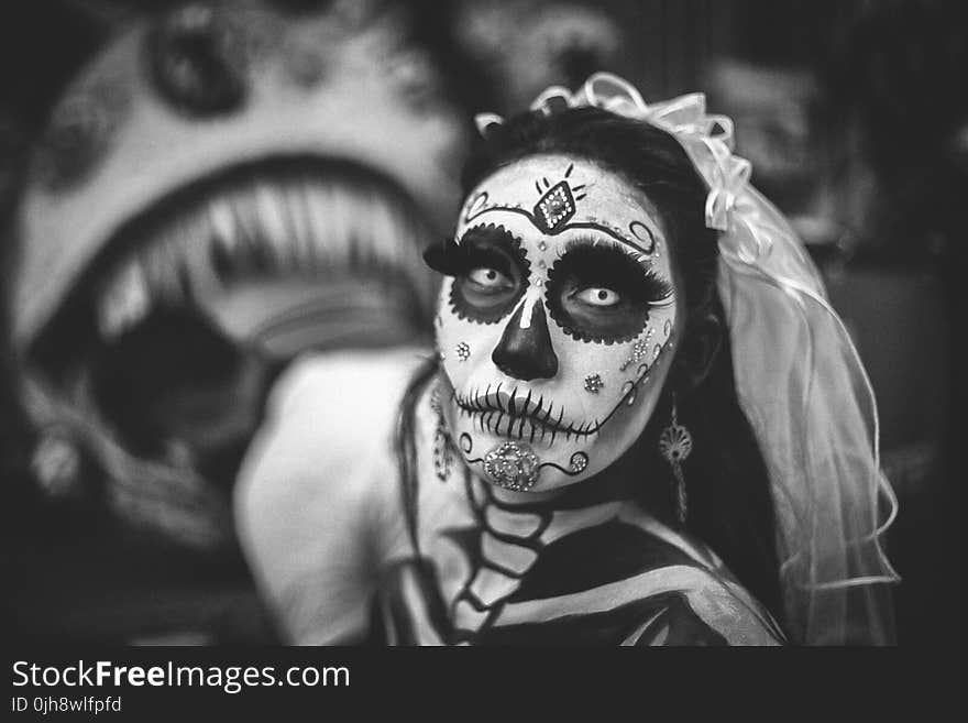 Greyscale Photo of Day of the Dead Corpse Bride