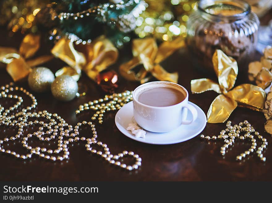 Coffee in White Cup. Christmas Time.