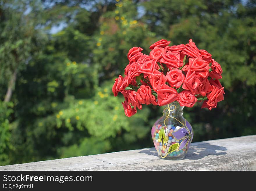 Artificial Roses in Clear Glass Vase on Concrete Surface