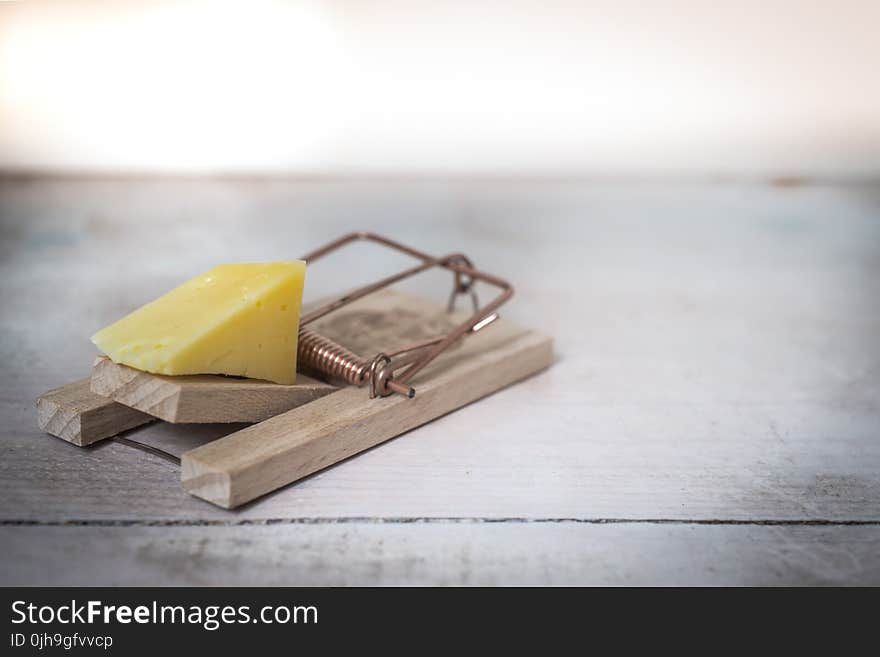 Brown Wooden Mouse Trap With Cheese Bait on Top