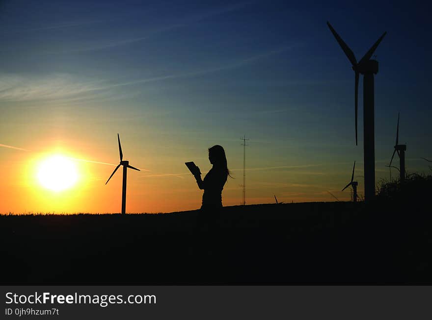 Silhouette Of Woman Holding Book Near Windmills