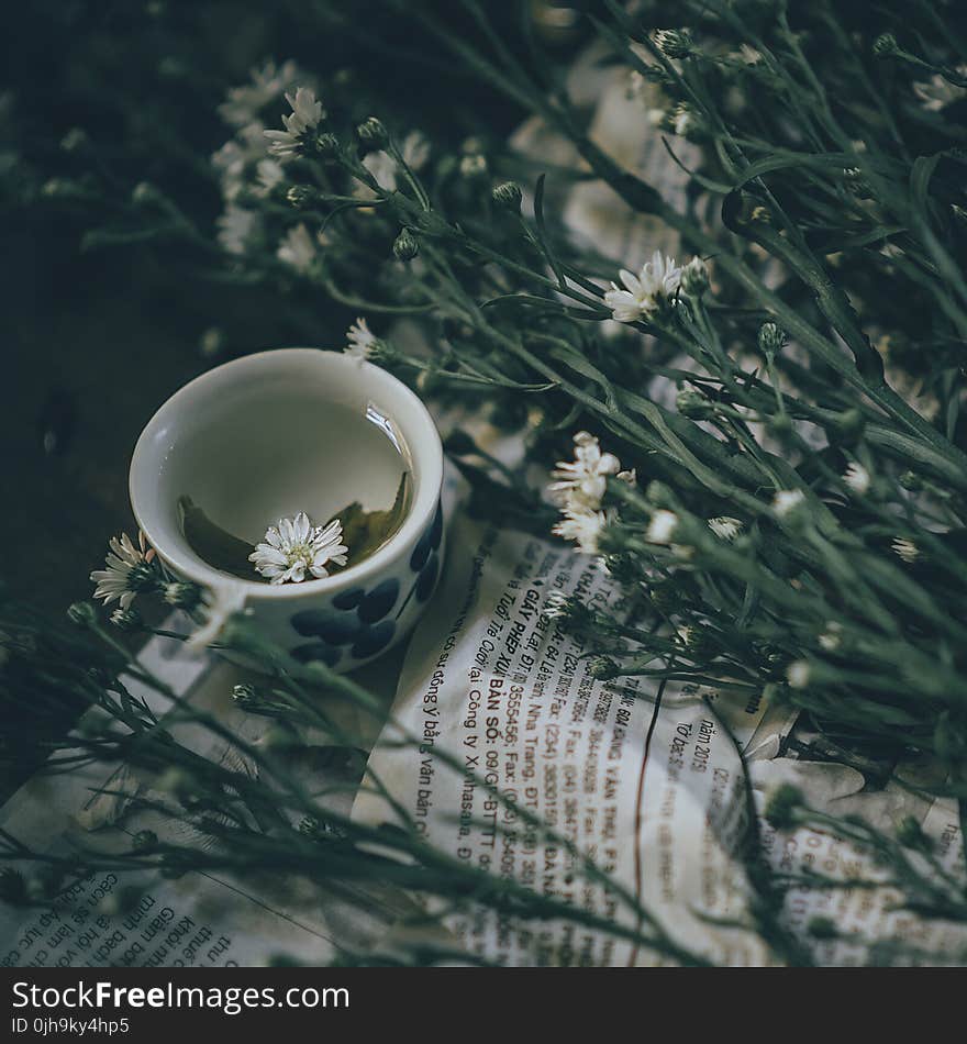 White Ceramic Mug Beside White Petal Flower