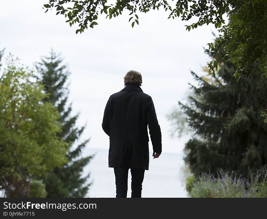 Shallow Focus Photography of Man Wearing Black Coat and Black Pants Standing Beside Green Trees