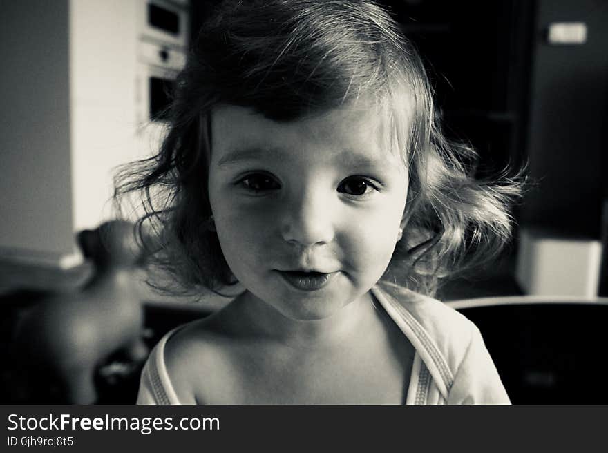 Gray Scale Photo of Girl Wearing Scoop Neck Shirt