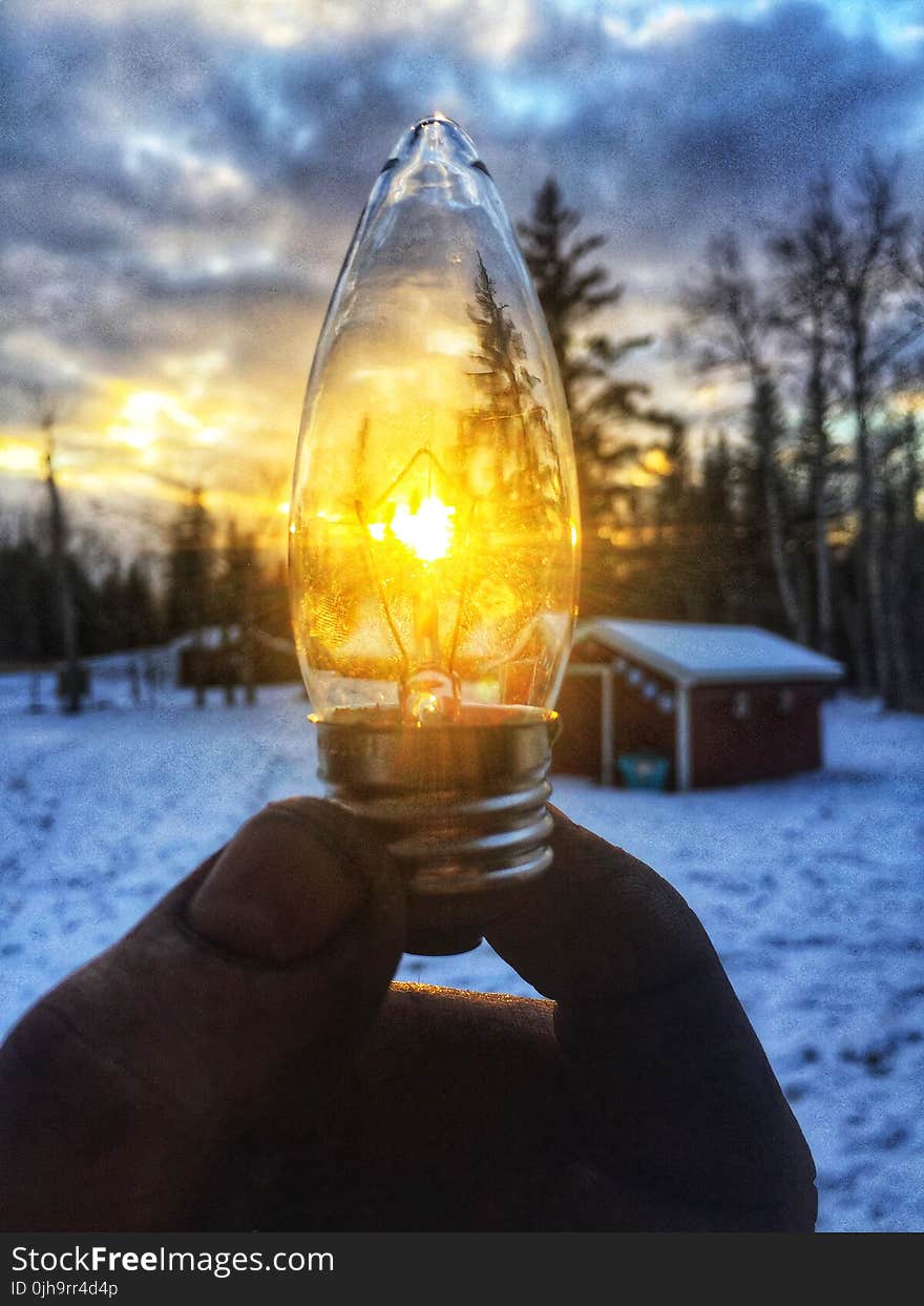 Person Holding Led Bulb in Front of Sunrise Photo