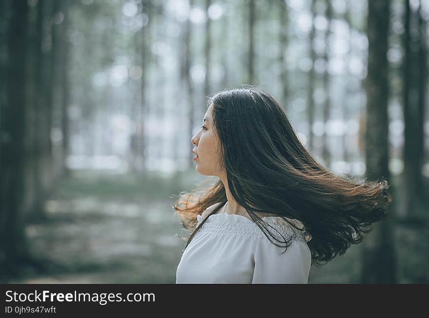 Woman in White Off-shoulder Dress Near Trees