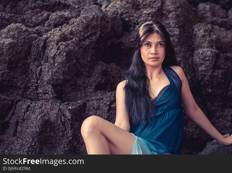 Woman Wearing Blue Sleeveless Dress