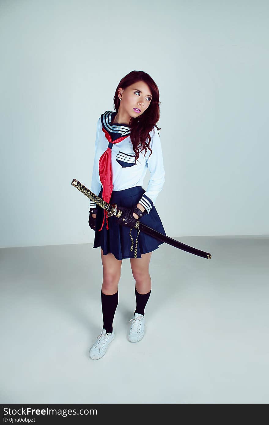 Woman Wearing School Uniform Samurai Outlook Carrying Katana