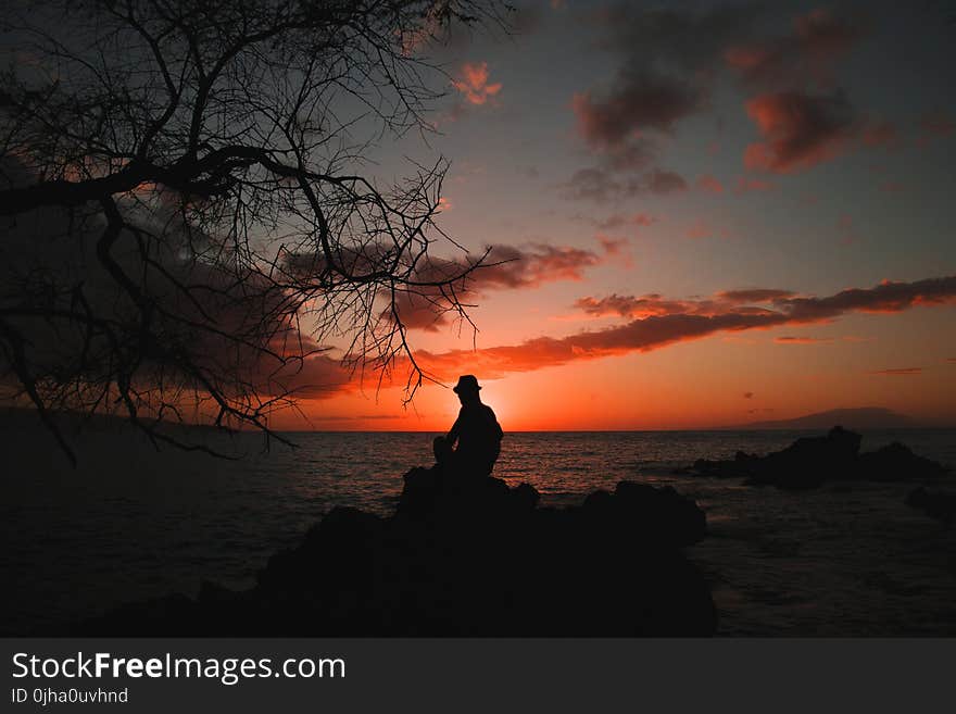 Silouhette of Person Seating on Stones Behind Body of Water