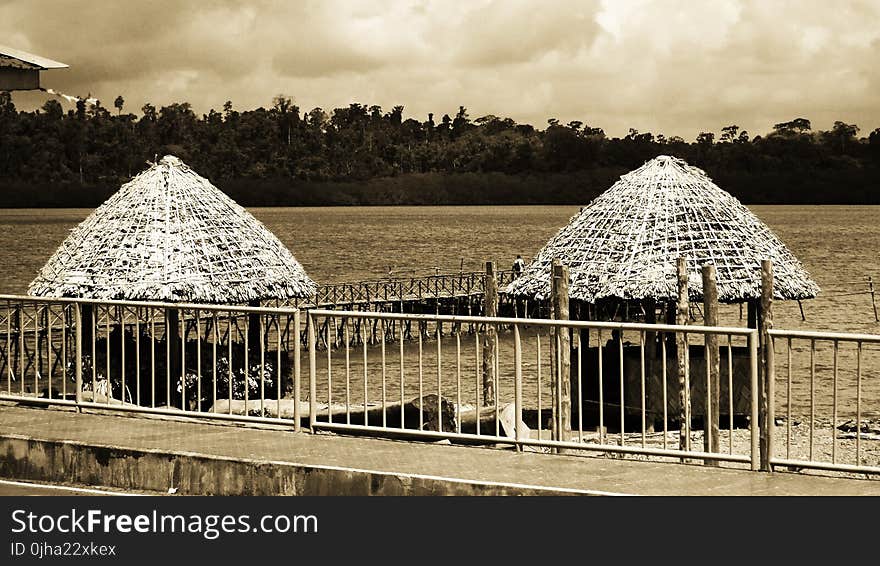 Grayscale Photo of Huts