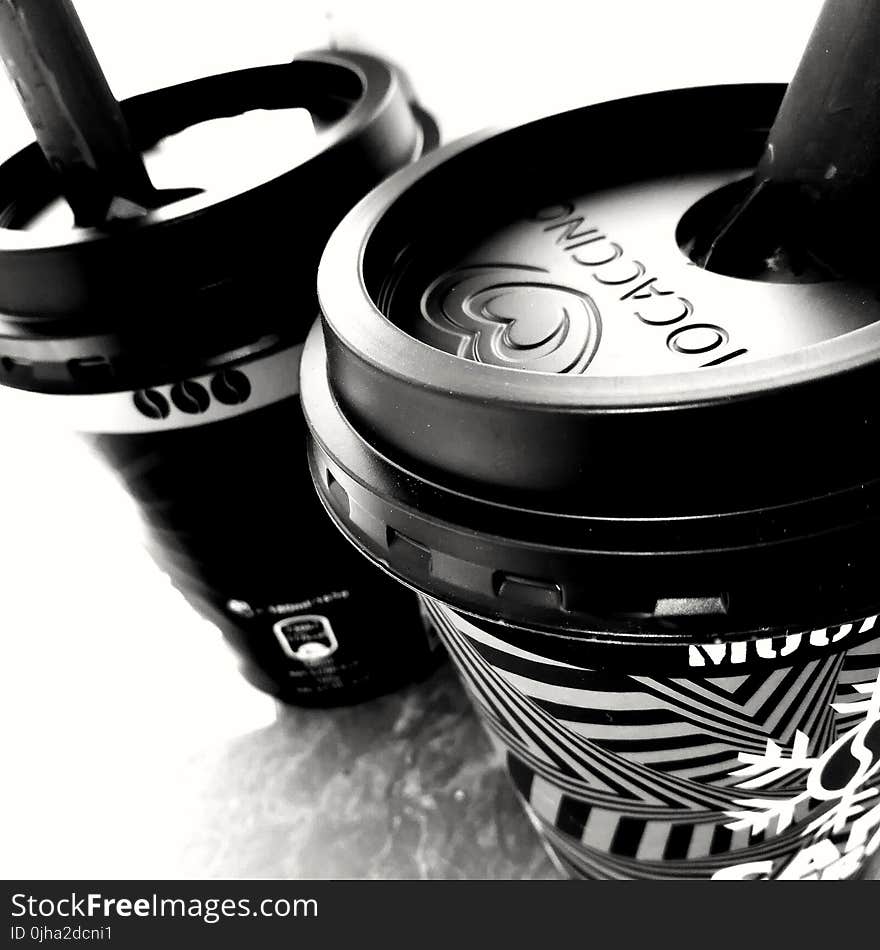 Monochrome Photo of Two Cups of Coffee