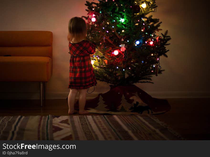 Girl in Red and Black Dress Standing in Front of Christmas Tree Inside Room