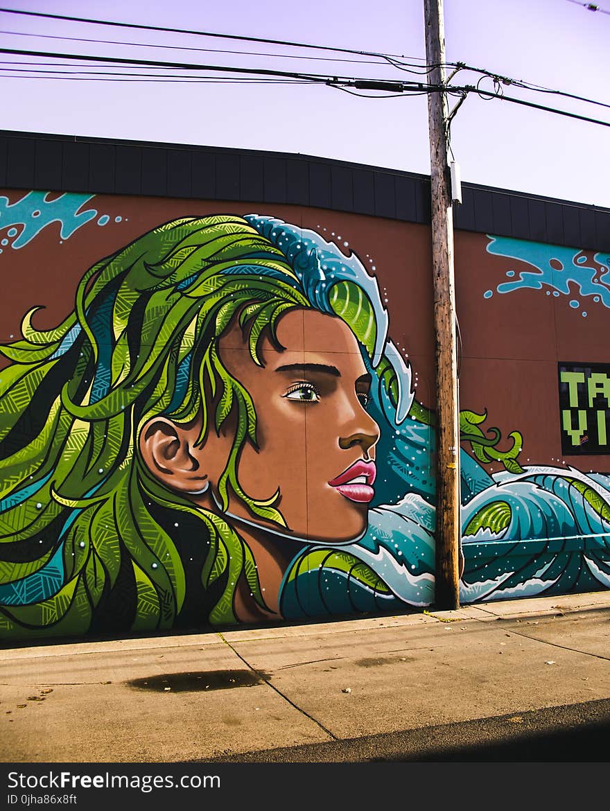 Woman With Blue and Green Haired Wall Painting