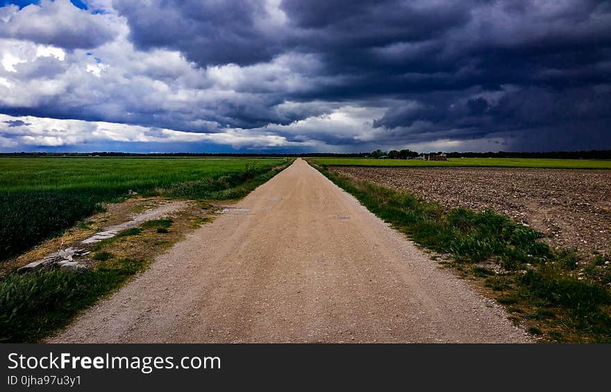 Dirt Road Surrounded With Green Field Under Cloudy Sky