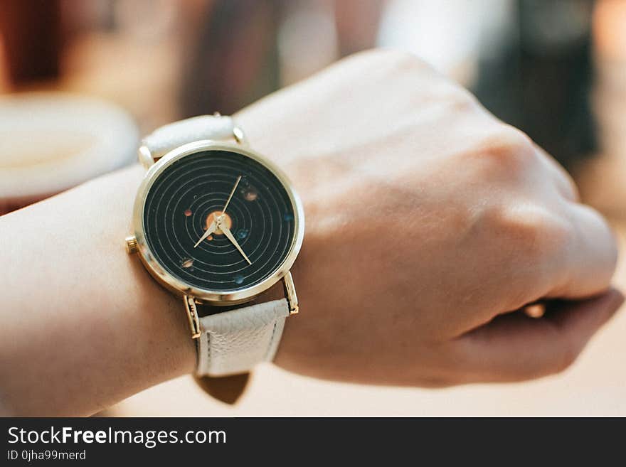 Round Gold-colored Black Analog Watch With Grey Leather Band