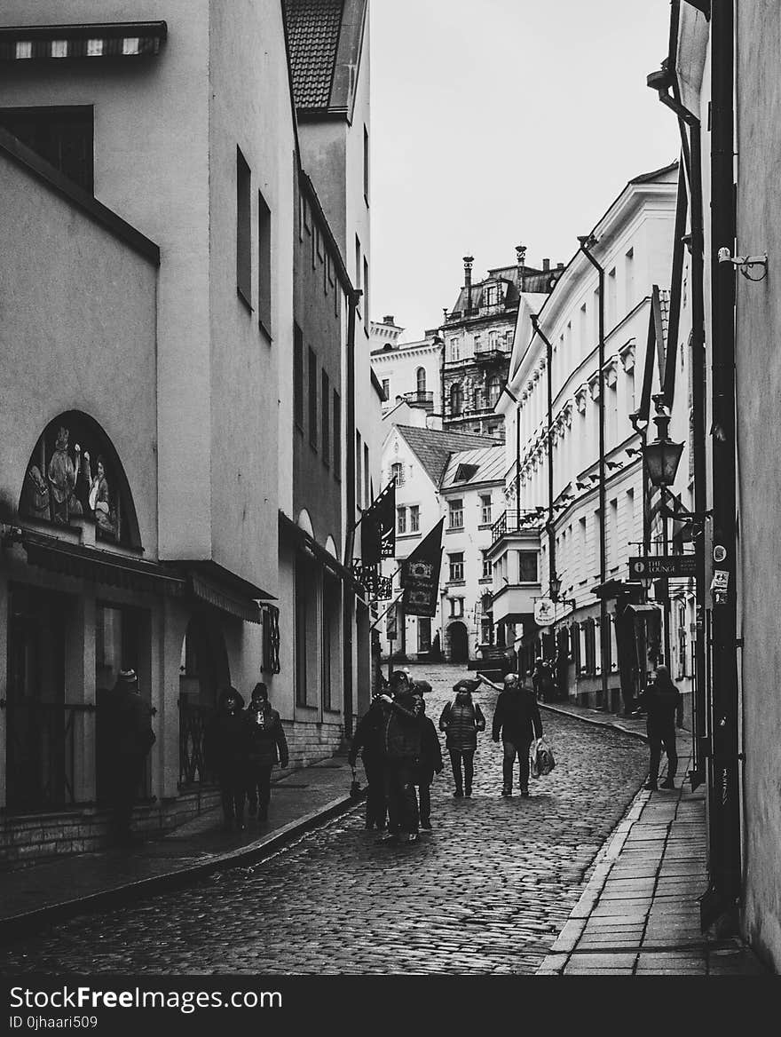 Grayscale Photo of Group of People Walking in Alley