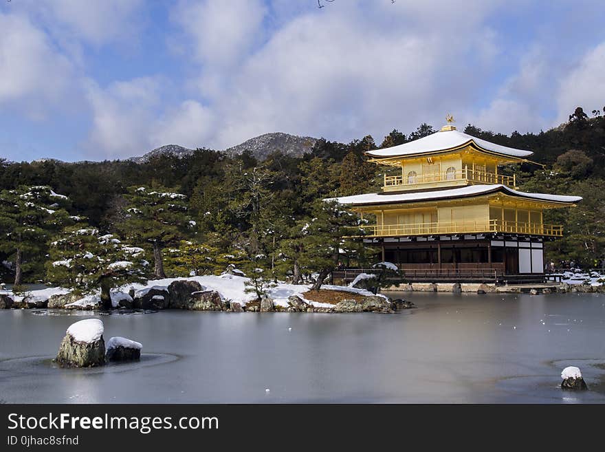 Temple Near Body Of Water Surrounded By Trees With Mountain Background