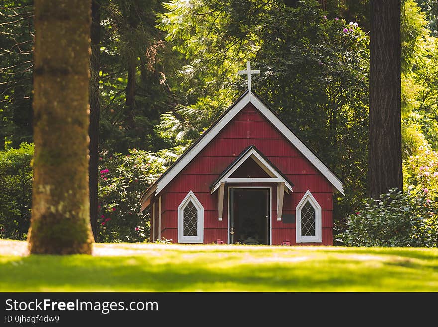 Red Chapel on Grassy Field With Trees