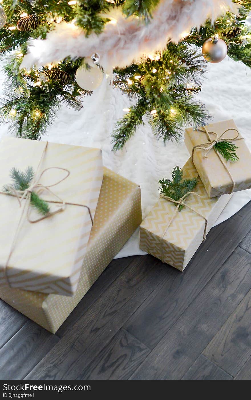 Four Boxes Near Lighted String Lights