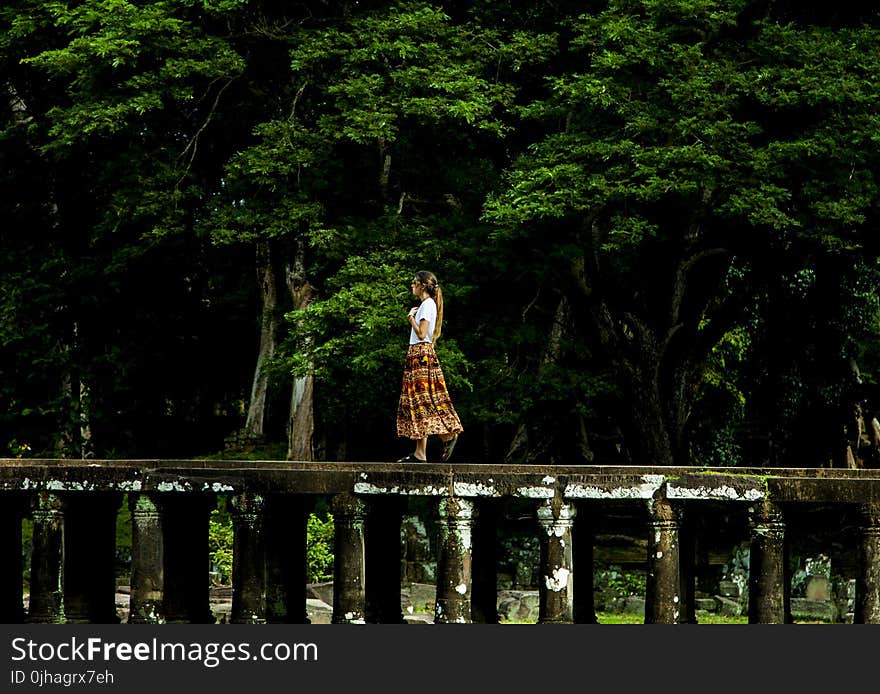 Woman Walking on Bridge Surrounded by Trees