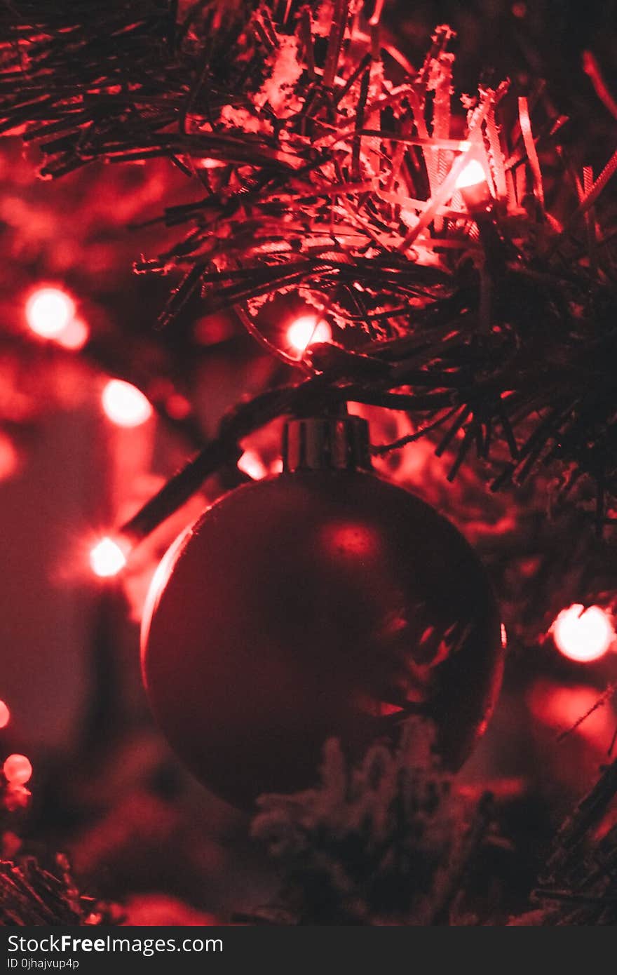 Red Bauble Attached on a Pre-lit Tree