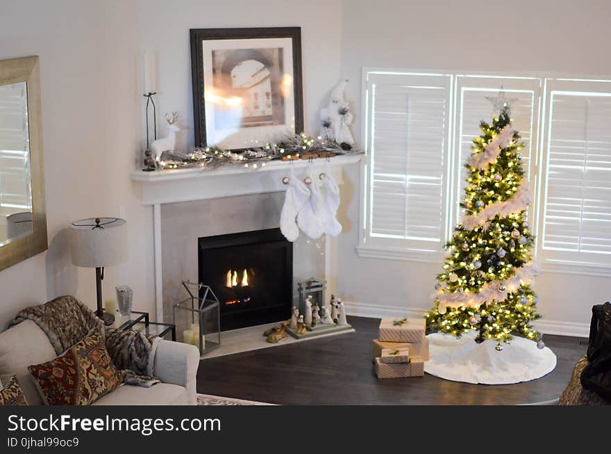 Green and White Pre-lit Pine Tree Near Fireplace Inside Well Lit Room