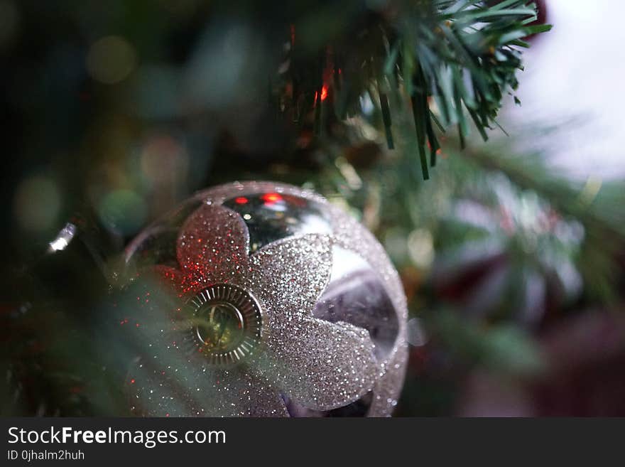 Silver Christmas Bauble Hanging on Christmas Tree