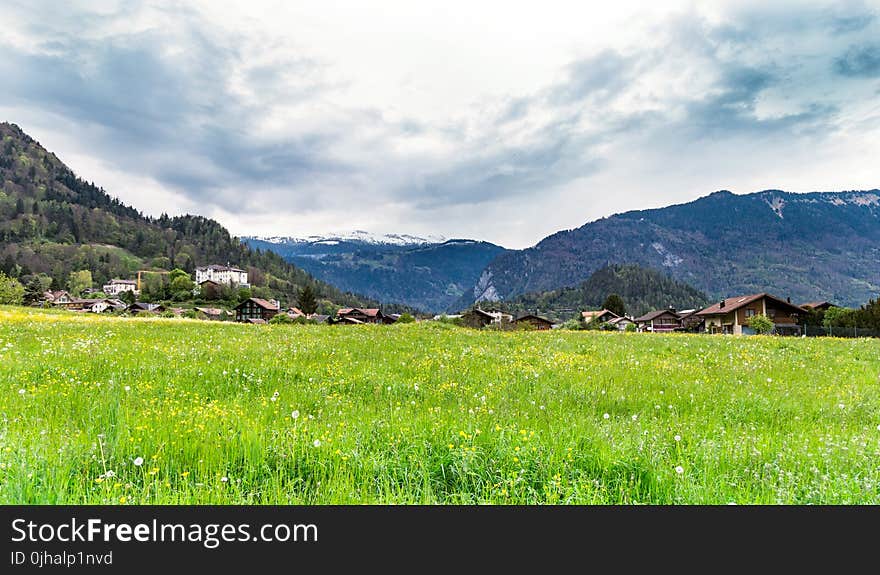 Green Grass Field and Mountain Under White Clouds