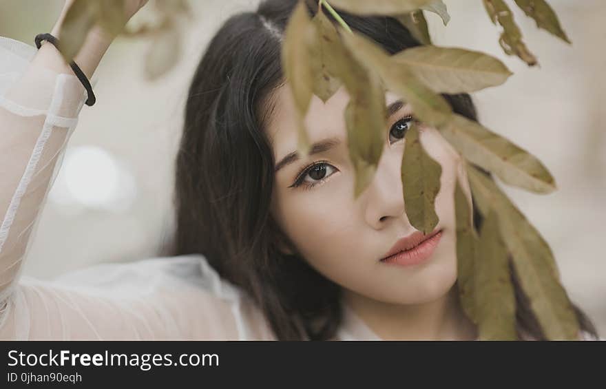 Woman Wearing Illusion Long-sleeved Shirt Under Green Leaf