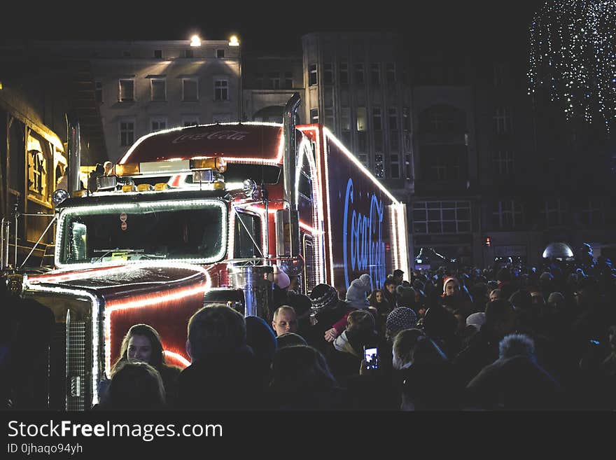 Photography of People Gathered Beside Coca-cola Truck during Nighttime