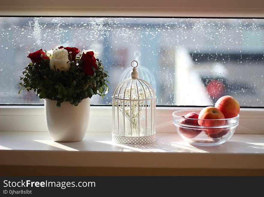 Apples in Ball Near Flowers in Vase