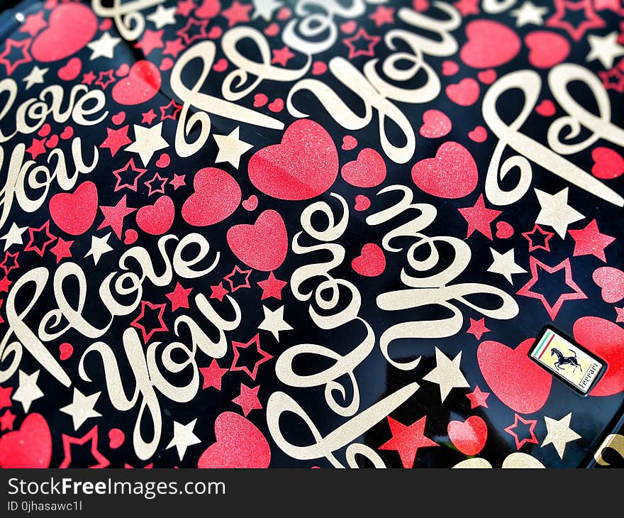 Black and Multicolored I Love You Heart Printed Textile