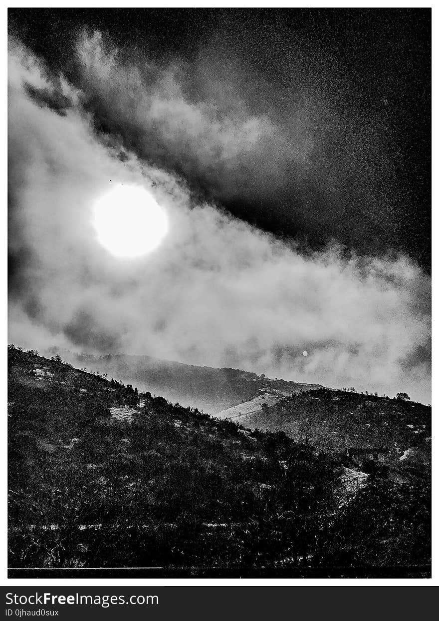 Grayscale Photo of Moon and Forest