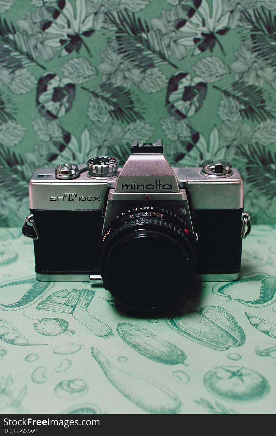 Black and Gray Film Camera on Green Floral Textile