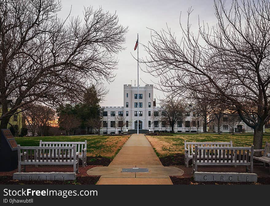 White Concrete Building in Front of Bare Trees