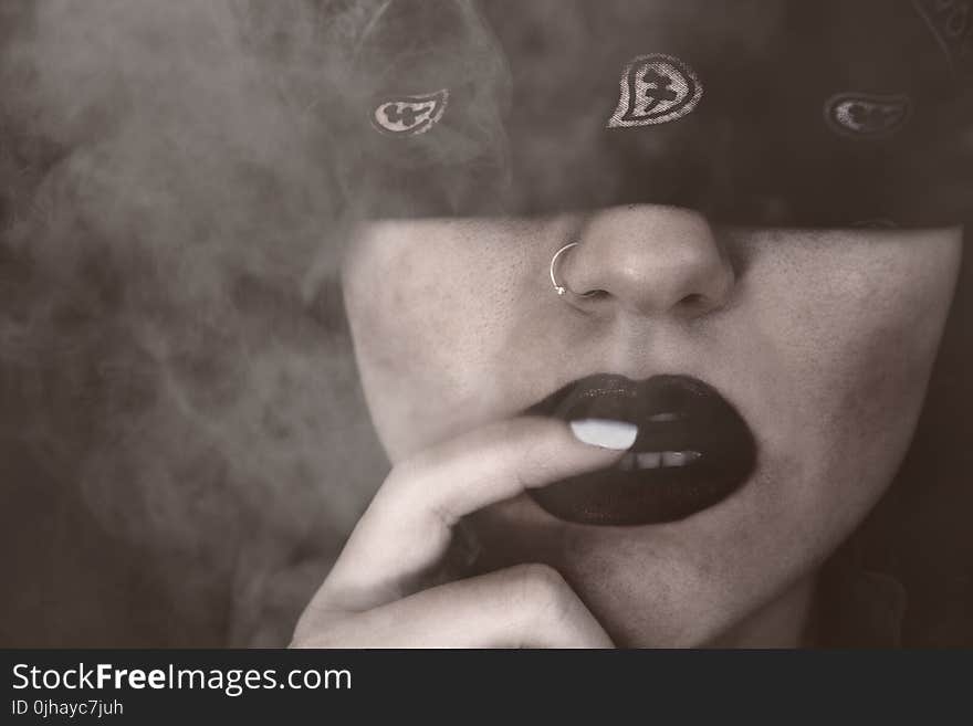 Blindfolded Woman With Finger on Lips Grayscale Portrait