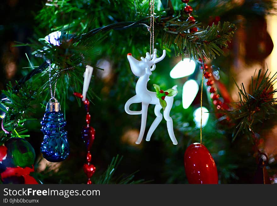 Shallow Focus Photography of White Deer Christmas Tree Ornament