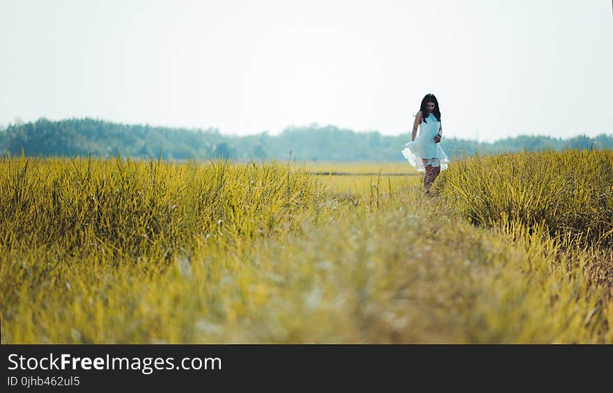 Depth of Field Photography of Woman Wearing White Sleeveless Dress Standing on Green Grass Field